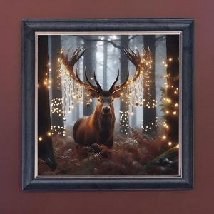Stag in Fairy Lights - Velvet Printed Frame Hung Up