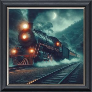 Steam Train Roaring Through the Night - Velvet Printed Frame