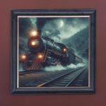 Steam Train in the Night - Velvet Printed Frame Hung Up