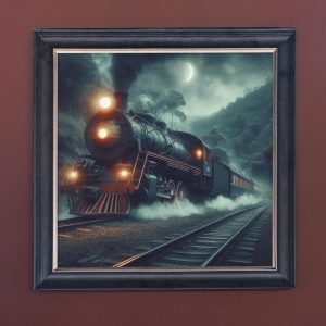 Steam Train in the Night - Velvet Printed Frame Hung Up