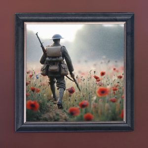 Soldier in Poppy Field - Velvet Printed Frame Hung Up