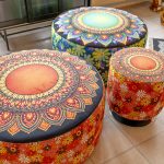 Mandela bespoke fabric pouffes in our showroom