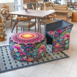 Mandela bespoke tub chair and matching pouffe in our showroom